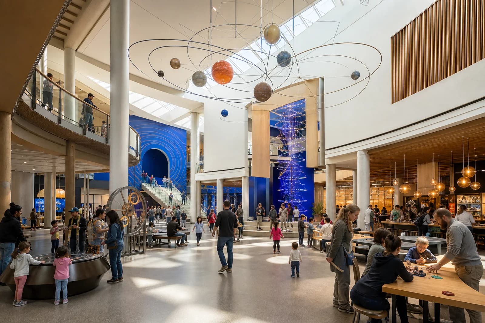 Families exploring Northstar's bright museum atrium