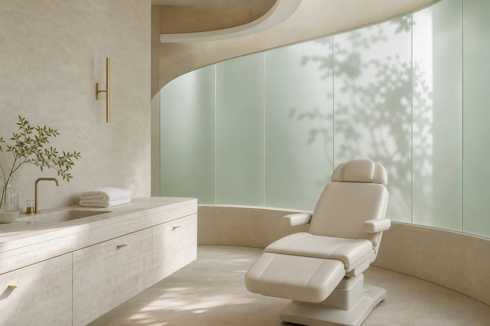 Calm sage and limestone treatment room at Solace