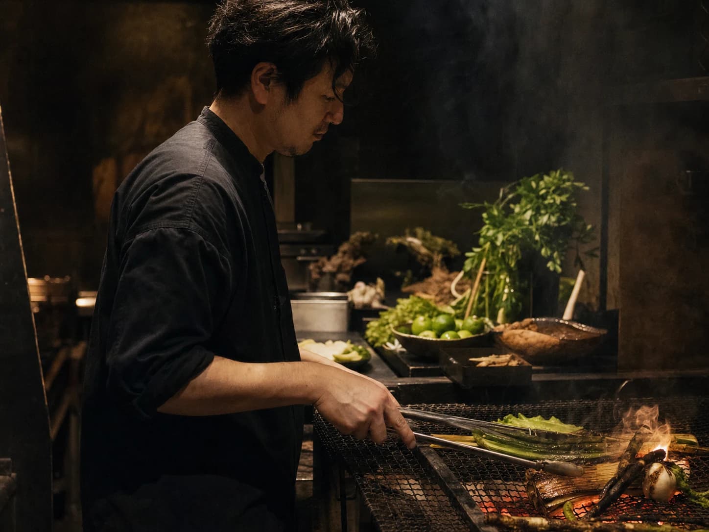 Chef tending seasonal vegetables over a charcoal grill