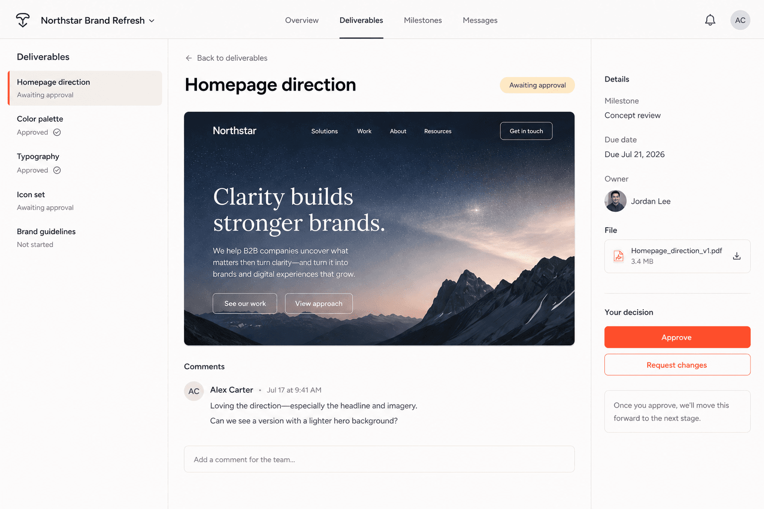Client view of the client approval portal