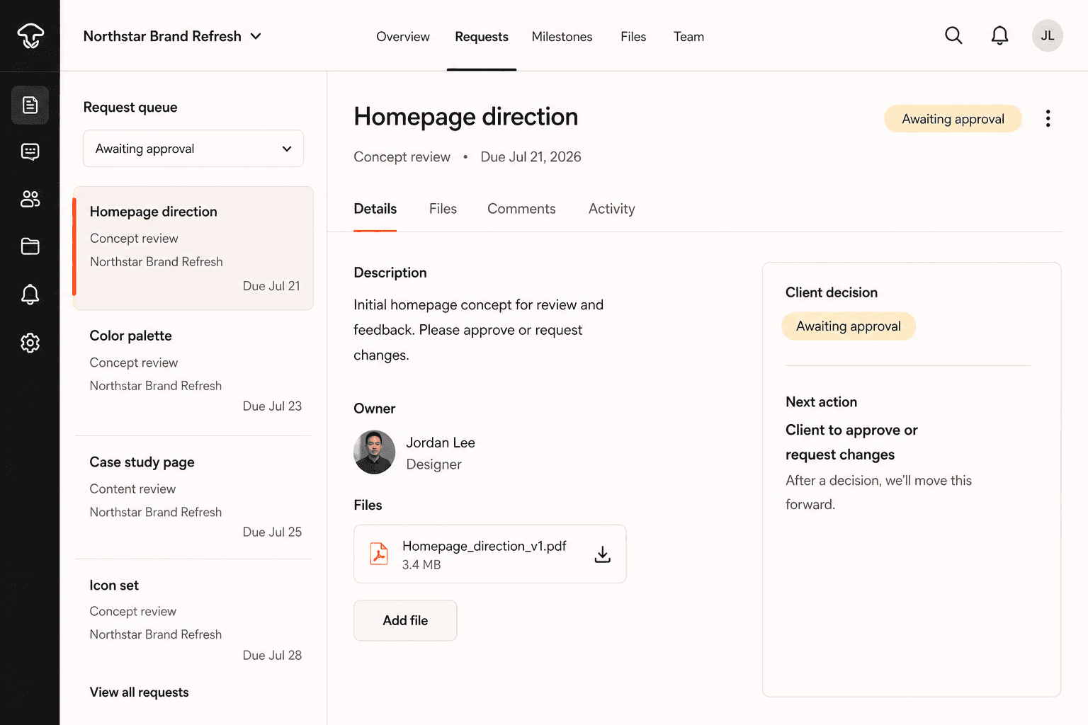 Team view of the client approval portal