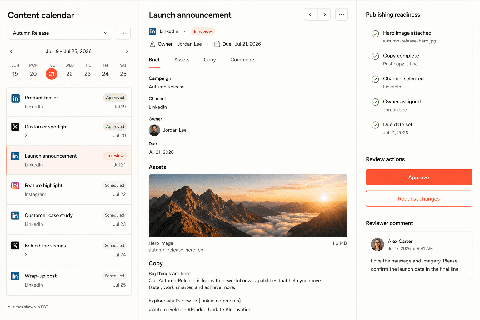 Reviewer view of the content approval calendar