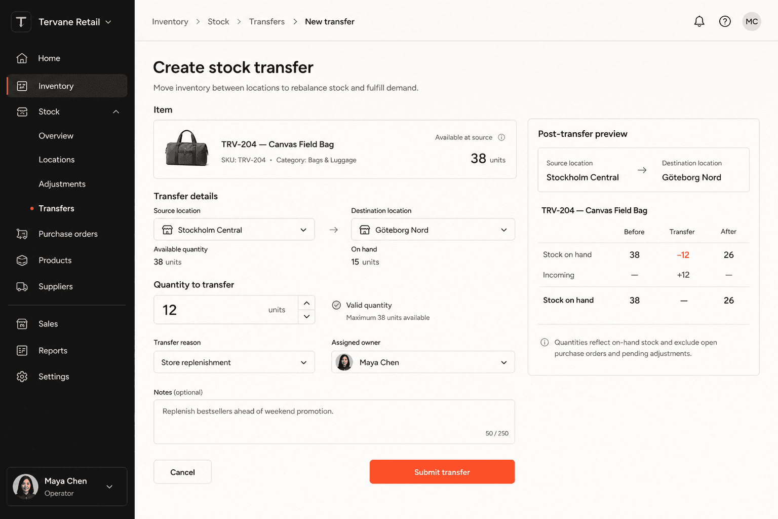 Operator view of the inventory control