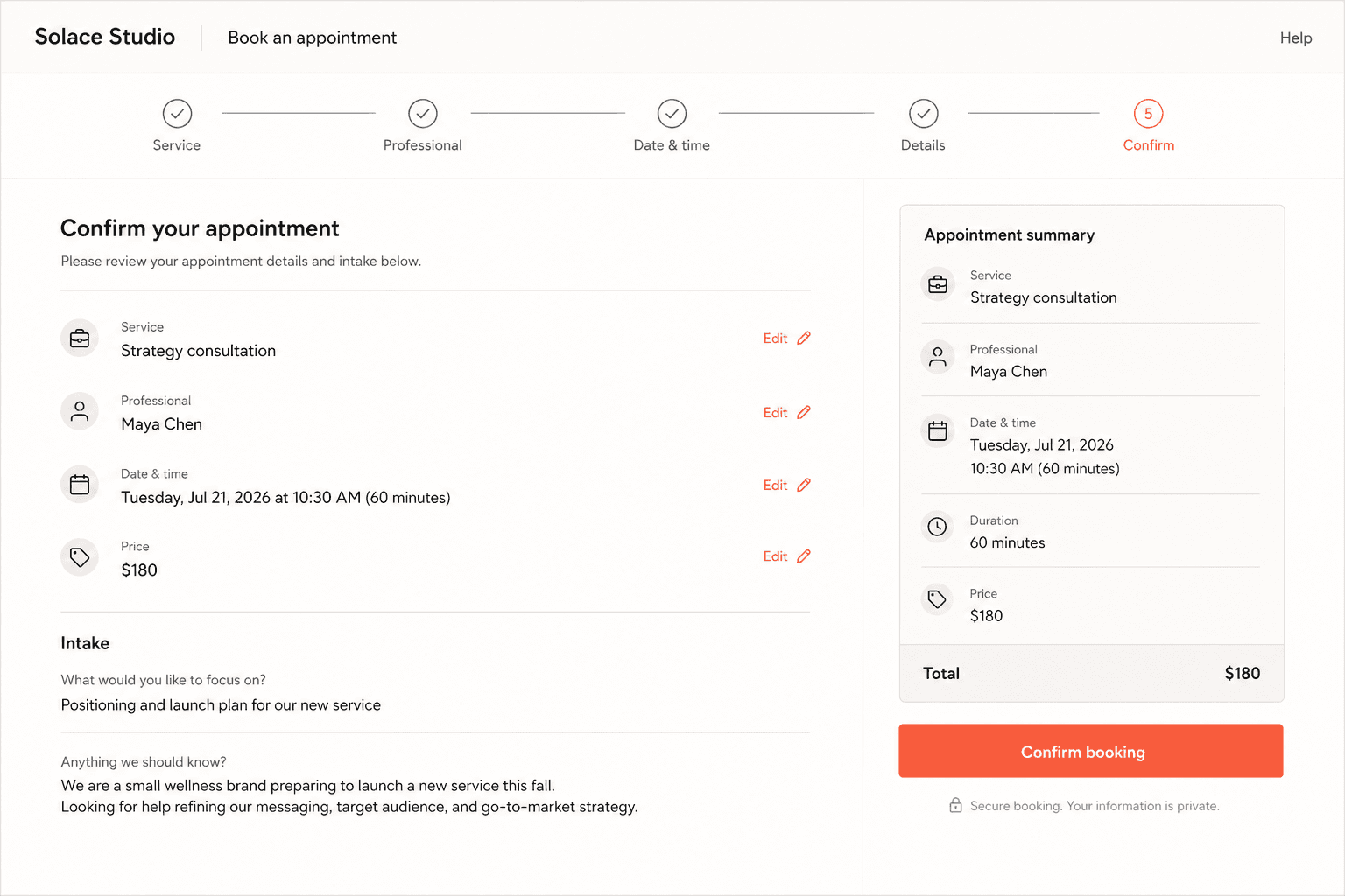 Customer view of the service booking operations