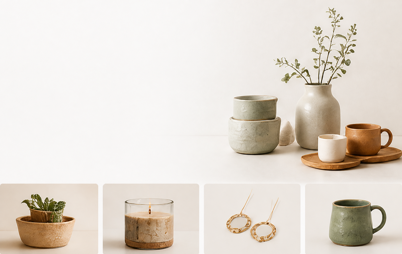 Handmade ceramics and home goods in warm neutral tones