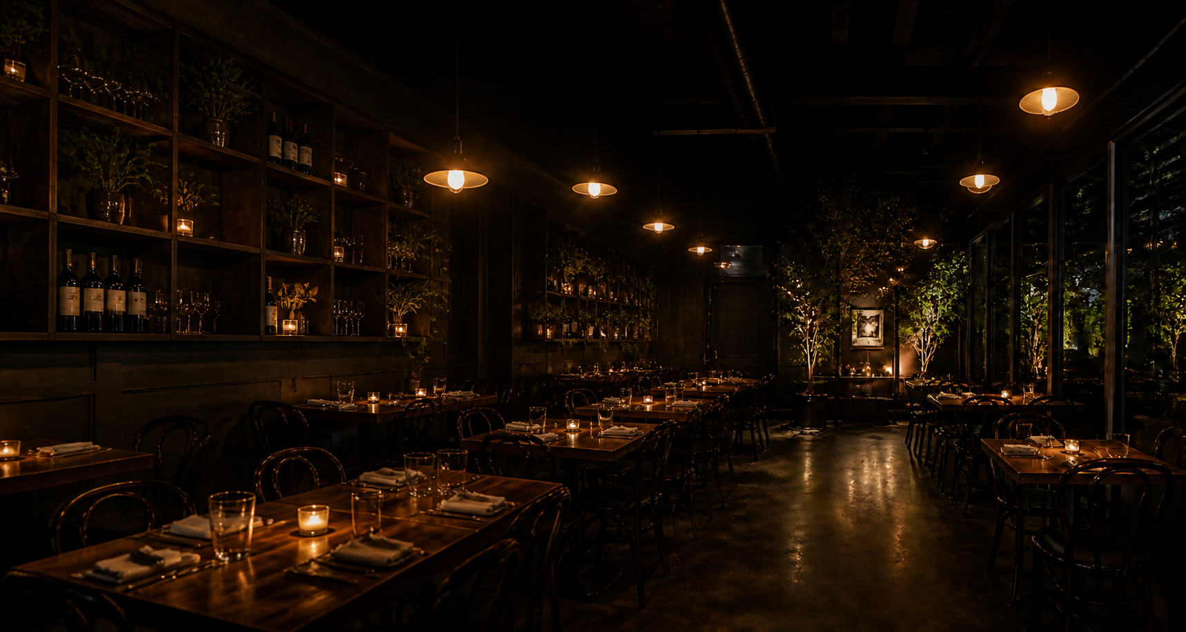 Warm, softly lit neighborhood restaurant interior